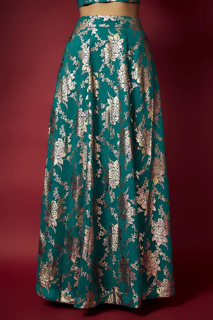 Teal Recycled Polyester Foil Printed Lehenga Set by Phatakaa at Pernia's Pop Up Shop