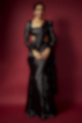 Black Recycled Polyester Sequins Pre-Draped Wedding Saree Set by Phatakaa at Pernia's Pop Up Shop