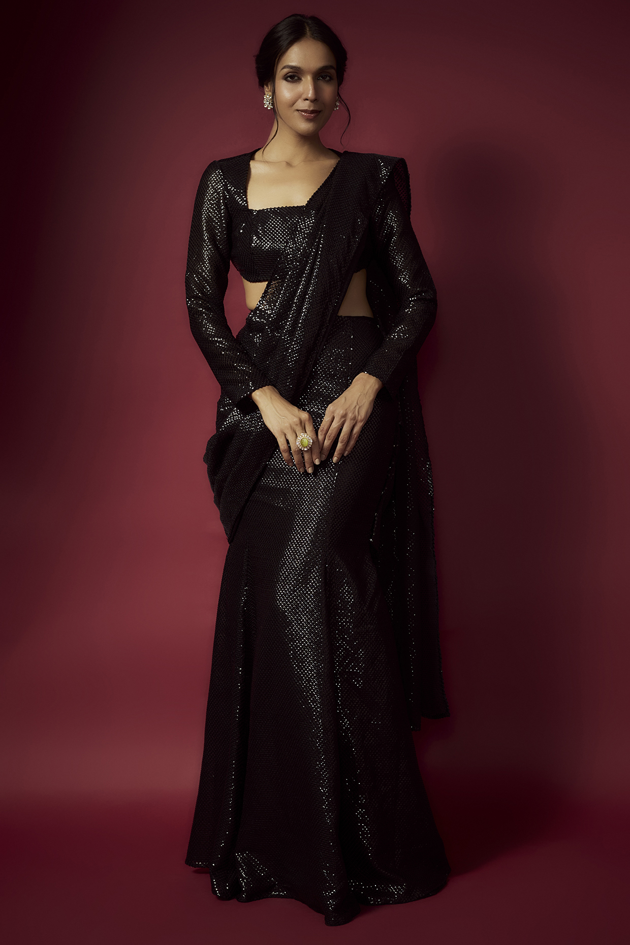 Black Recycled Polyester Sequins Pre-Draped Wedding Saree Set by Phatakaa at Pernia's Pop Up Shop