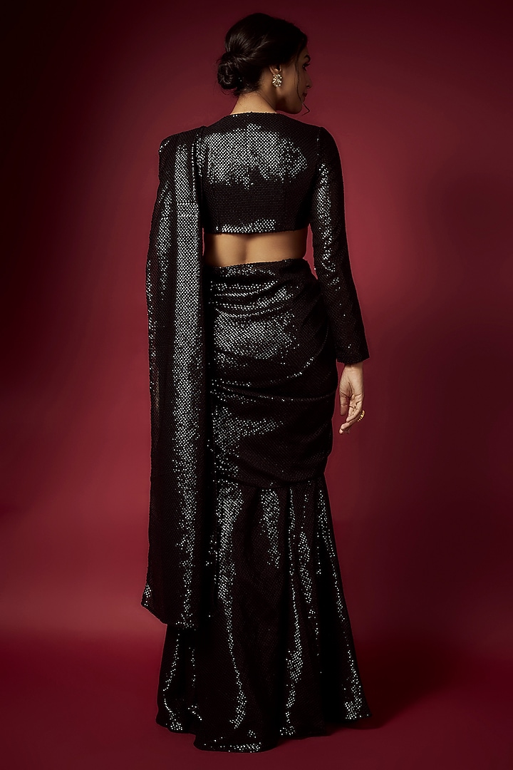 Black Recycled Polyester Sequins Pre-Draped Wedding Saree Set by Phatakaa at Pernia's Pop Up Shop