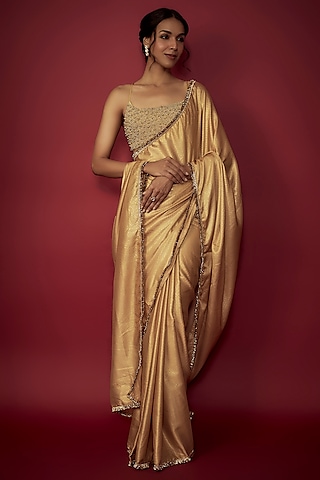 Gold Recycled Polyester Fringe Saree Set by Phatakaa