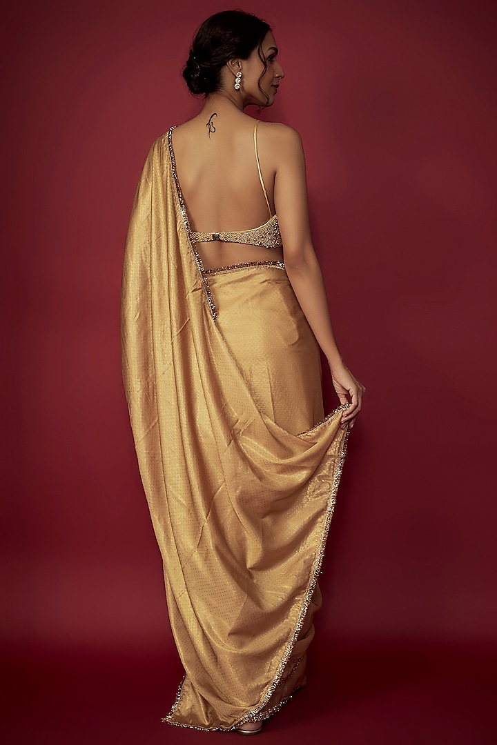 Gold Recycled Polyester Fringe Wedding Saree Set by Phatakaa at Pernia's Pop Up Shop