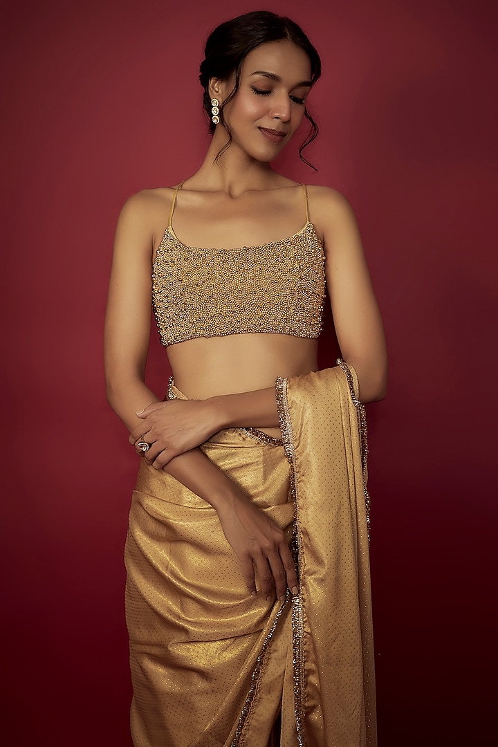 Gold Recycled Polyester Fringe Wedding Saree Set by Phatakaa at Pernia's Pop Up Shop
