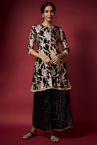 Black Recycled Polyester Foil Printed A-Line Kurta Set by Phatakaa