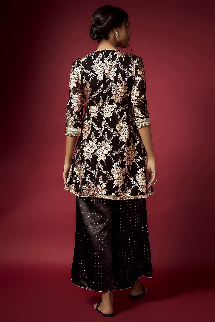 Black Recycled Polyester Foil Printed A-Line Kurta Set by Phatakaa at Pernia's Pop Up Shop