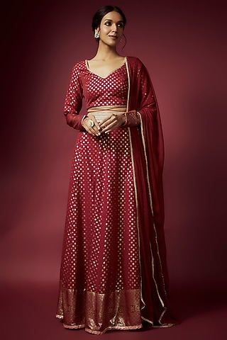 Maroon Recycled Polyester Foil Printed Lehenga Set by Phatakaa