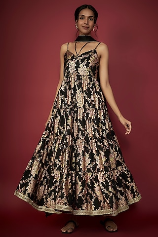 Black Recycled Polyester Foil Printed Tiered Kurta Set by Phatakaa
