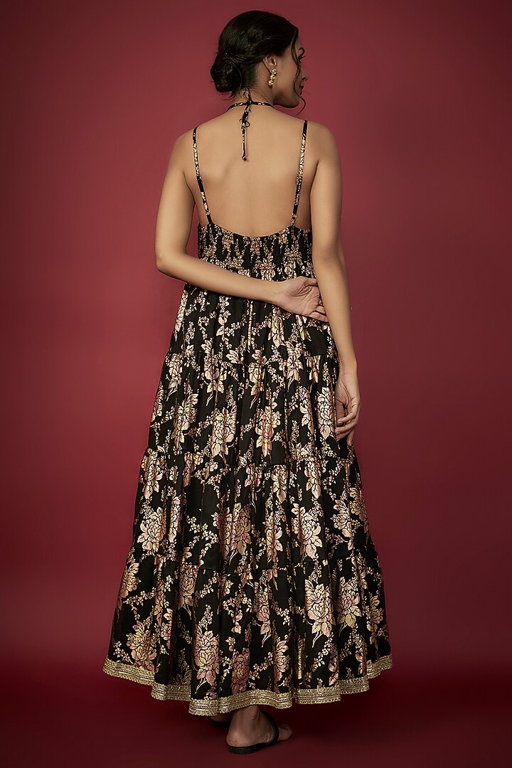 Black Recycled Polyester Foil Printed Tiered Kurta Set by Phatakaa at Pernia's Pop Up Shop