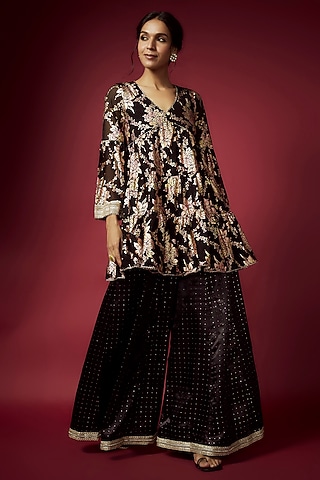 Black Recycled Polyester Foil Printed Kurta Set by Phatakaa