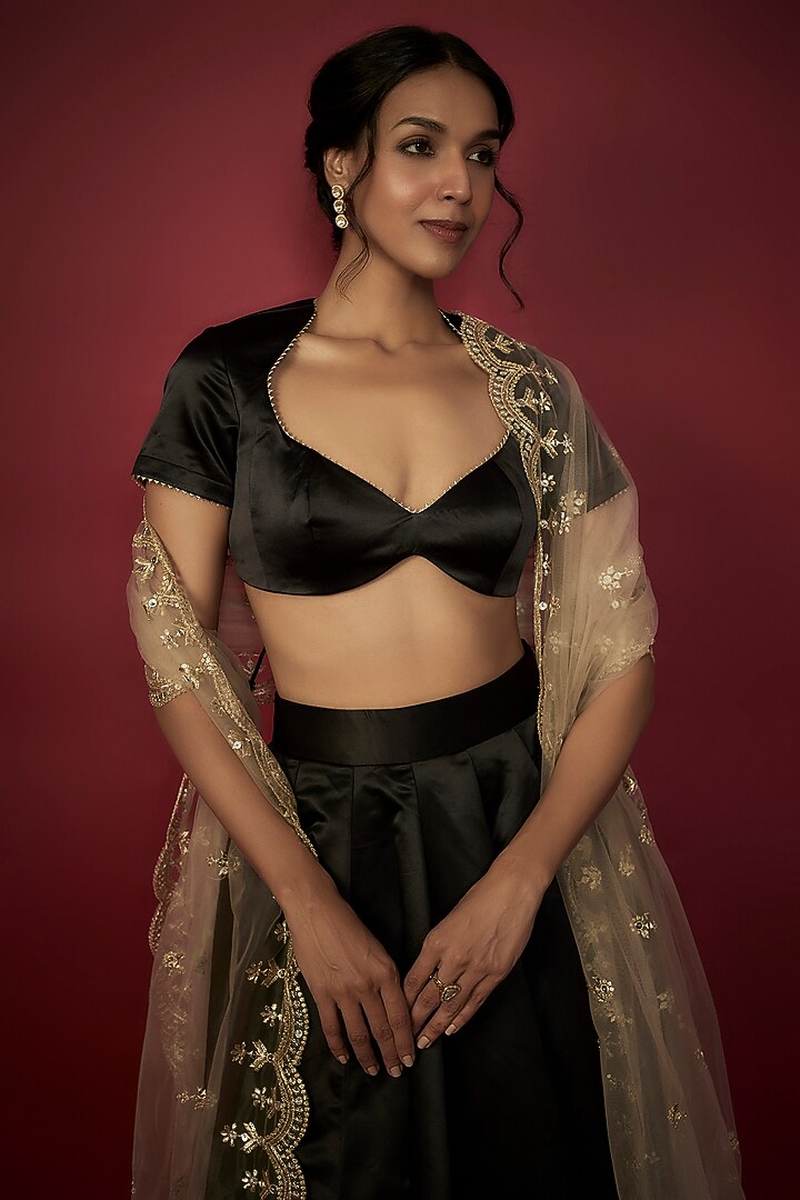Black Satin Wedding Lehenga Set by Phatakaa at Pernia's Pop Up Shop