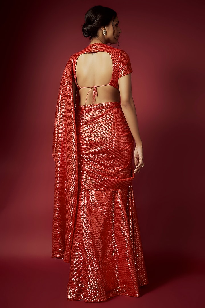 Orange Recycled Polyester Sequins Pre-Draped Wedding Saree Set by Phatakaa at Pernia's Pop Up Shop