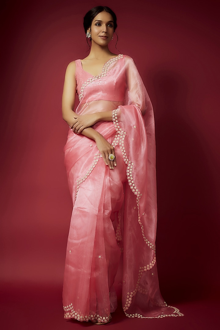 Coral Organza Zardosi Embroidered Saree Set by Phatakaa at Pernia's Pop Up Shop