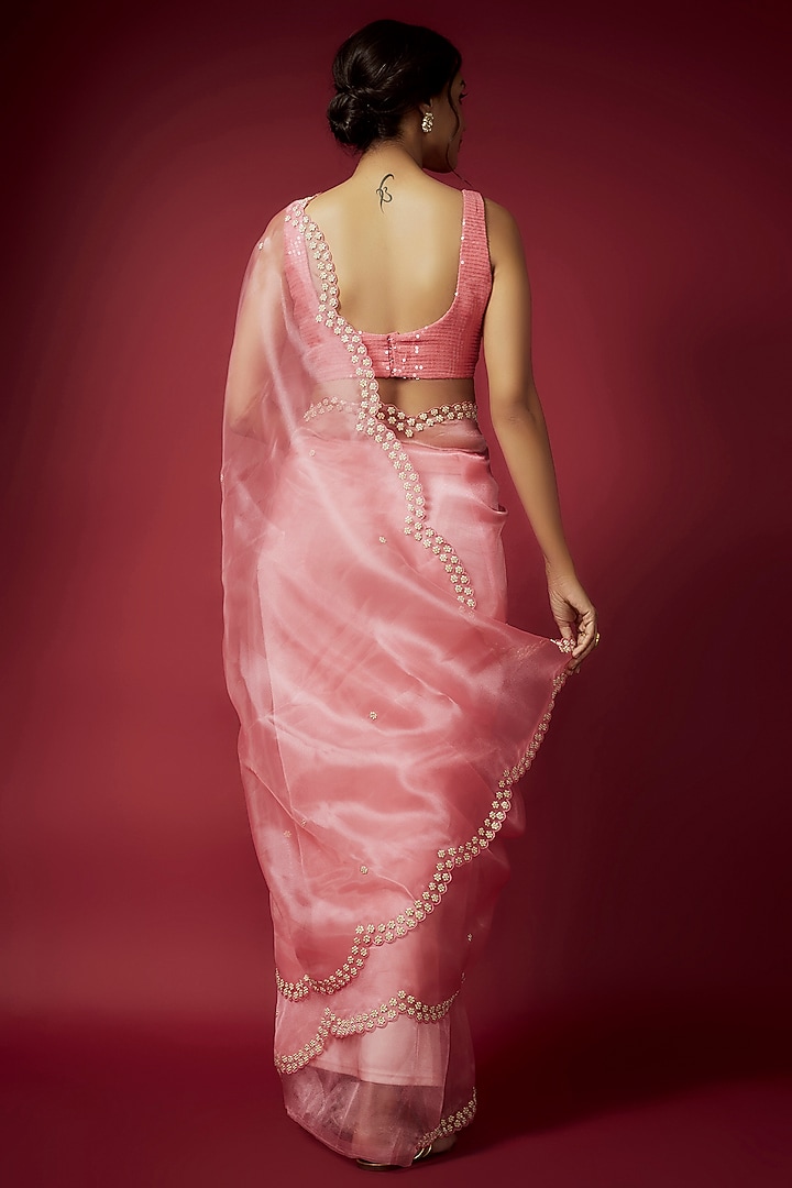 Coral Organza Zardosi Embroidered Wedding Saree Set by Phatakaa at Pernia's Pop Up Shop