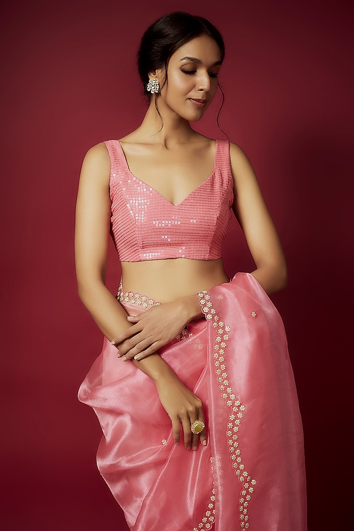 Coral Organza Zardosi Embroidered Wedding Saree Set by Phatakaa at Pernia's Pop Up Shop
