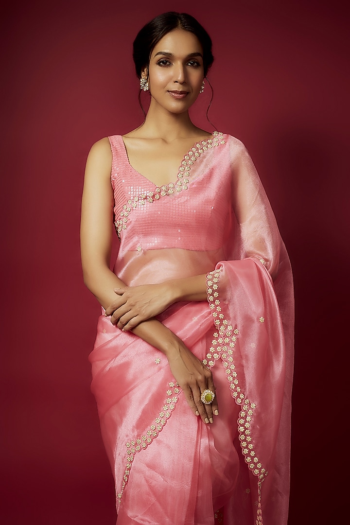 Coral Organza Zardosi Embroidered Wedding Saree Set by Phatakaa at Pernia's Pop Up Shop