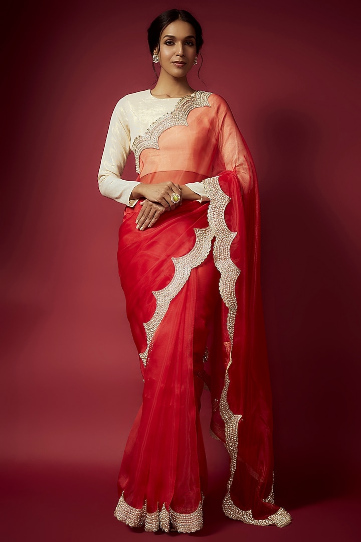 Red Organza Pearl Work Party Wear Saree Set by Phatakaa at Pernia's Pop Up Shop