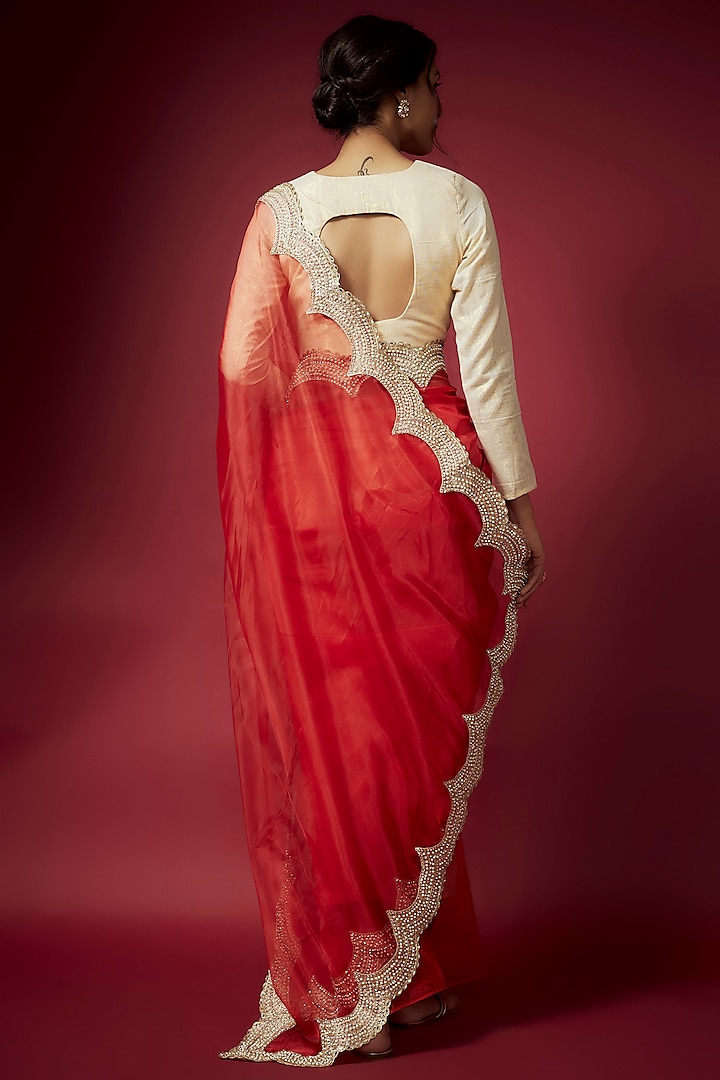 Red Organza Pearl Work Party Wear Saree Set by Phatakaa at Pernia's Pop Up Shop