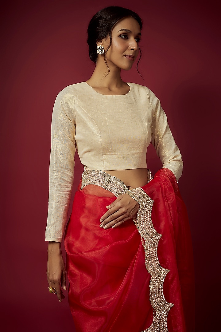 Red Organza Pearl Work Party Wear Saree Set by Phatakaa at Pernia's Pop Up Shop