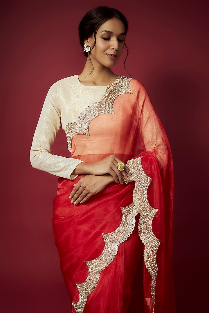 Red Organza Pearl Work Party Wear Saree Set by Phatakaa at Pernia's Pop Up Shop