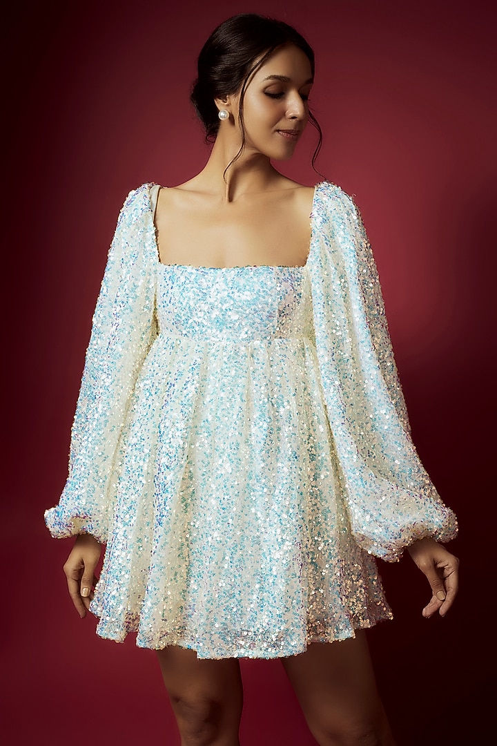 White Recycled Polyester Mini Sequins Cocktail Dress by Phatakaa at Pernia's Pop Up Shop