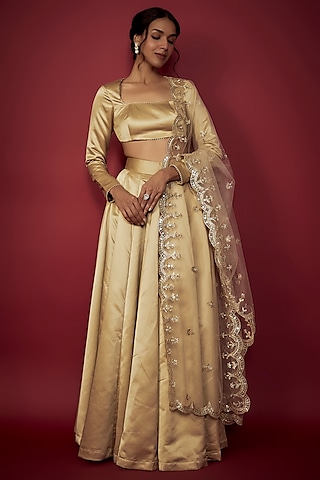 Gold Satin Lehenga Set by Phatakaa