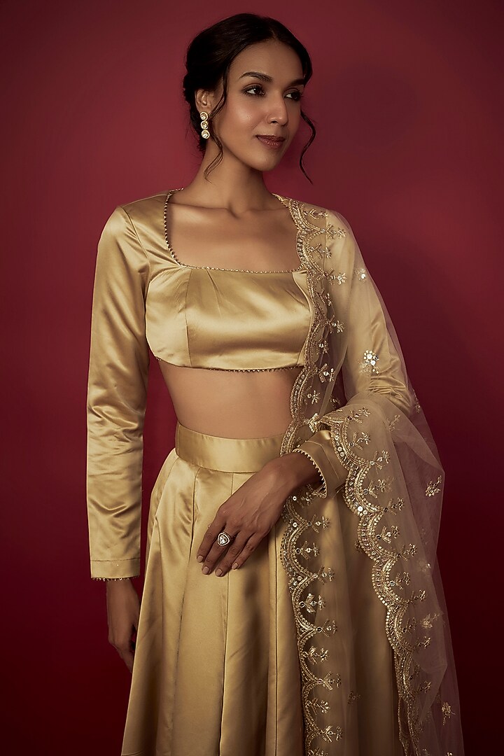 Gold Satin Wedding Lehenga Set by Phatakaa at Pernia's Pop Up Shop