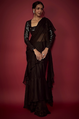 Black Satin Georgette Pre-Draped Ruffled Saree Set by Phatakaa