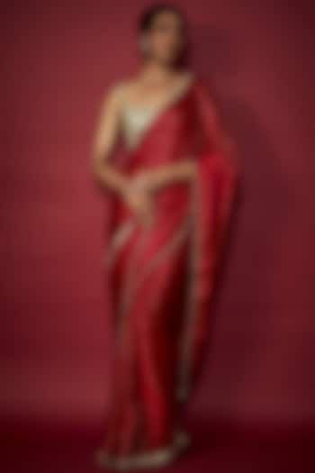 Red Recycled Polyester Fringe Saree Set by Phatakaa at Pernia's Pop Up Shop