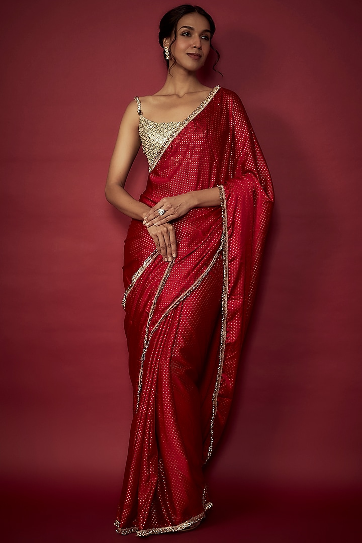 Red Recycled Polyester Fringe Saree Set by Phatakaa at Pernia's Pop Up Shop