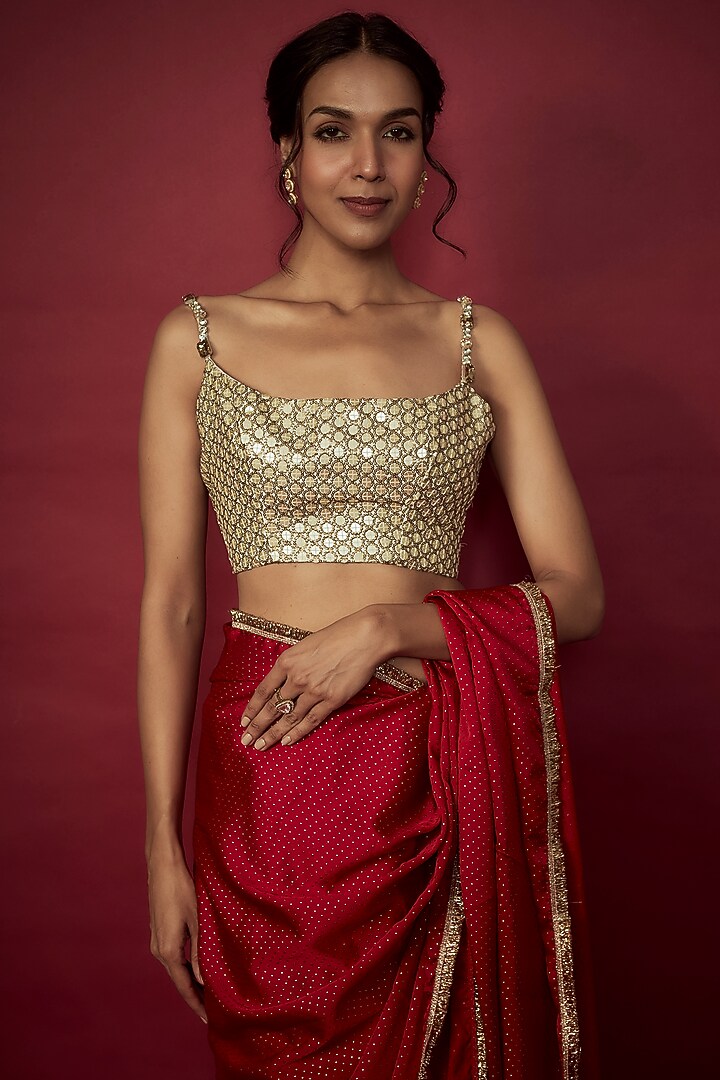 Red Recycled Polyester Fringe Party Wear Saree Set by Phatakaa at Pernia's Pop Up Shop