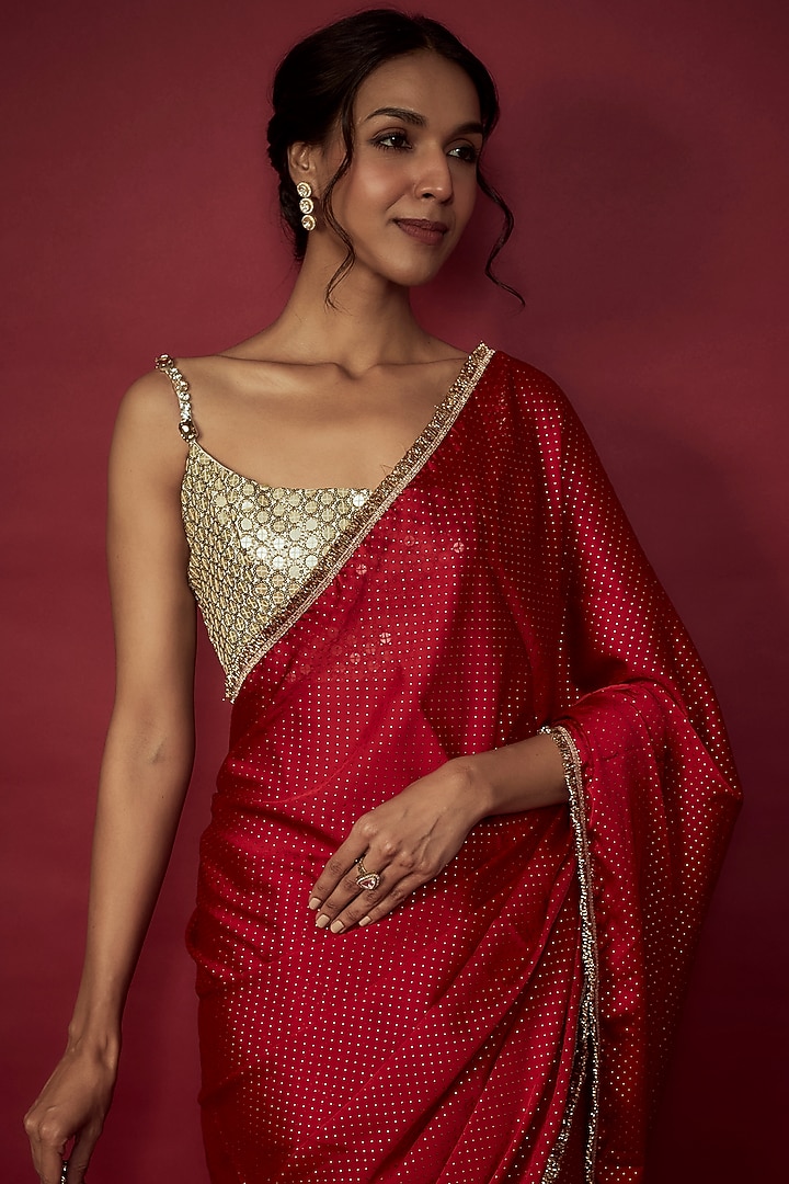 Red Recycled Polyester Fringe Party Wear Saree Set by Phatakaa at Pernia's Pop Up Shop