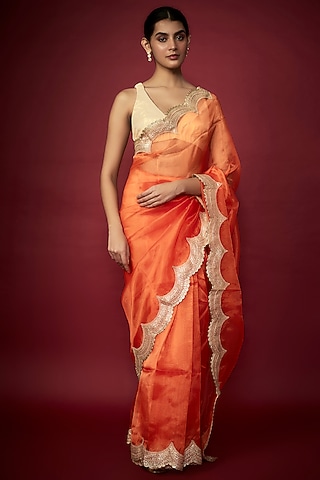 Orange Organza Metallic Embroidered Saree Set by phatakaa