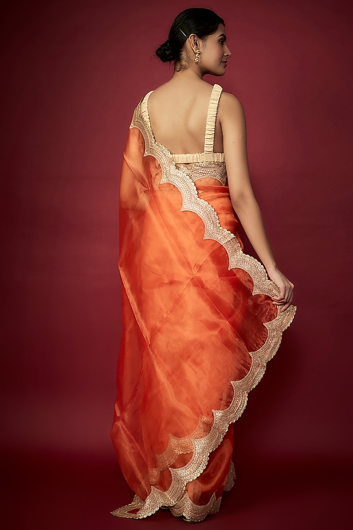Orange Organza Metallic Embroidered Party Wear Saree Set by Phatakaa at Pernia's Pop Up Shop