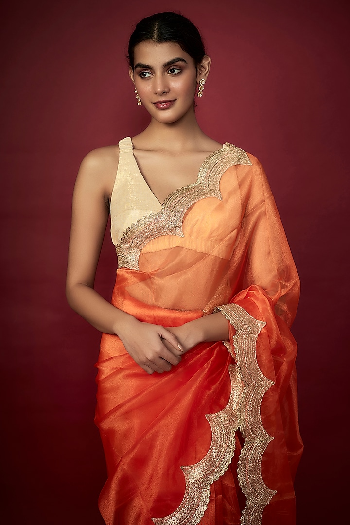 Orange Organza Metallic Embroidered Party Wear Saree Set by Phatakaa at Pernia's Pop Up Shop