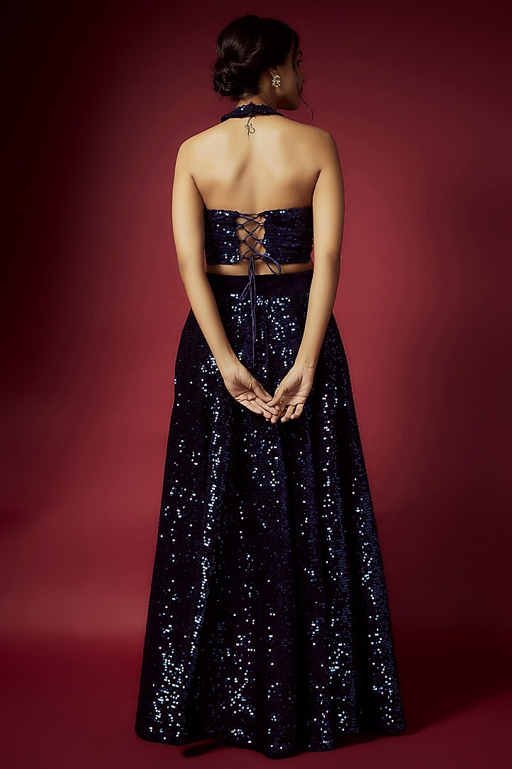 Navy Blue Recycled Polyester Sequins Wedding Lehenga Set by Phatakaa at Pernia's Pop Up Shop