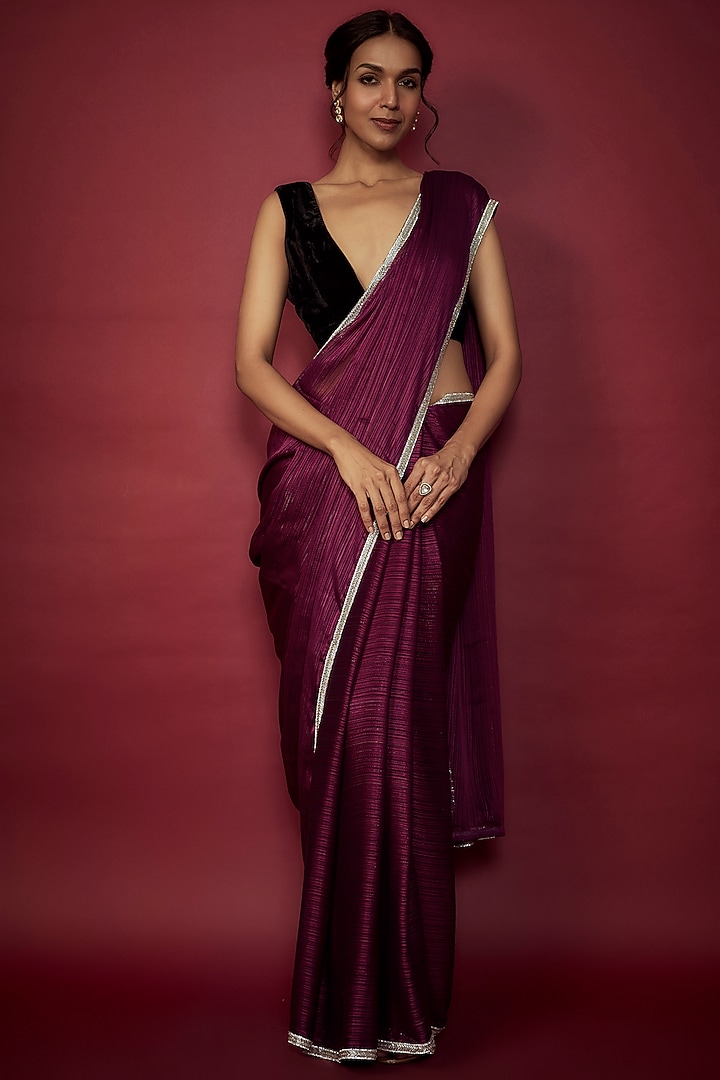 Purple Chiffon Zari Embroidered Party Wear Saree Set by Phatakaa at Pernia's Pop Up Shop