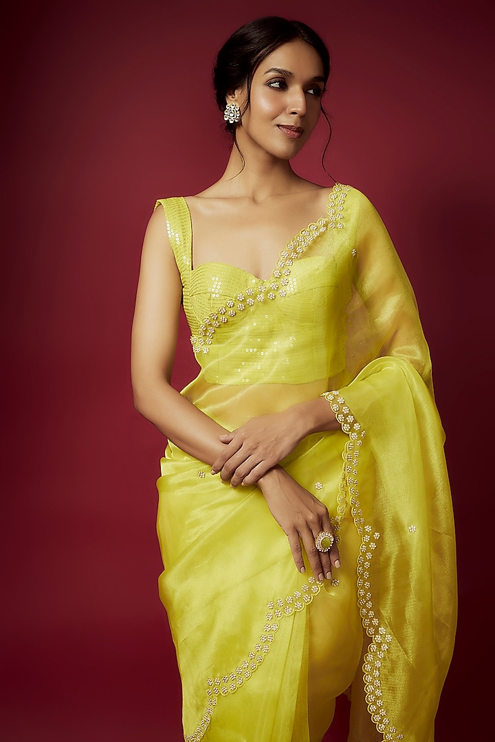 Lime Organza Zardosi Embroidered Wedding Saree Set by Phatakaa at Pernia's Pop Up Shop
