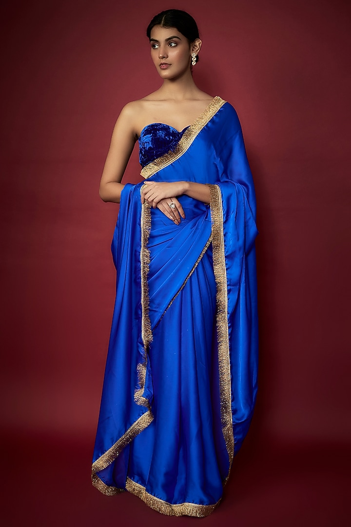 Electric Blue Recycled Polyester Gota Fringed Party Wear Saree Set by Phatakaa at Pernia's Pop Up Shop