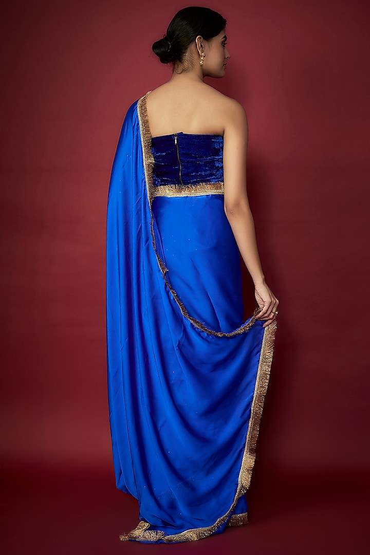 Electric Blue Recycled Polyester Gota Fringed Party Wear Saree Set by Phatakaa at Pernia's Pop Up Shop