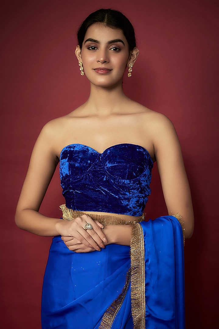 Electric Blue Recycled Polyester Gota Fringed Party Wear Saree Set by Phatakaa at Pernia's Pop Up Shop