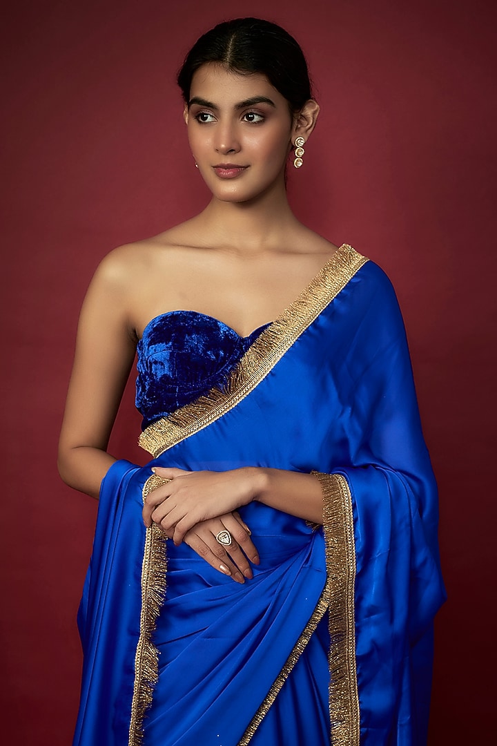 Electric Blue Recycled Polyester Gota Fringed Party Wear Saree Set by Phatakaa at Pernia's Pop Up Shop