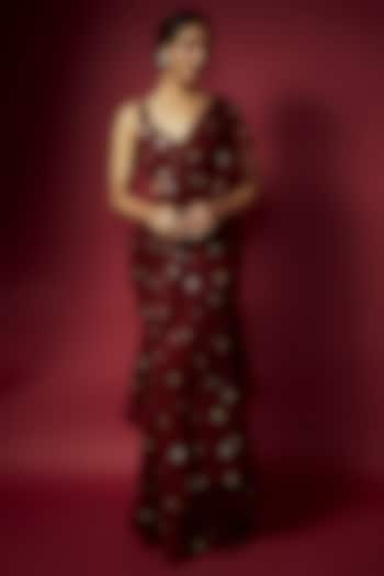 Maroon Recycled Polyester Pre-Draped Sequins Party Wear Saree Set by Phatakaa at Pernia's Pop Up Shop