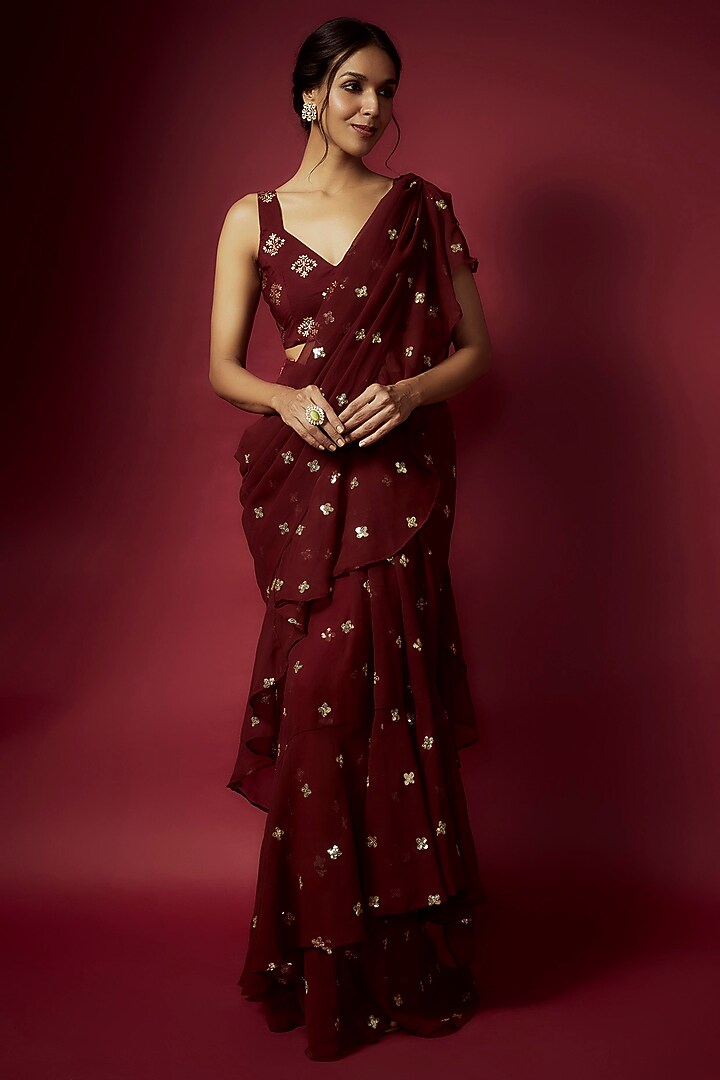 Maroon Recycled Polyester Pre-Draped Sequins Party Wear Saree Set by Phatakaa at Pernia's Pop Up Shop