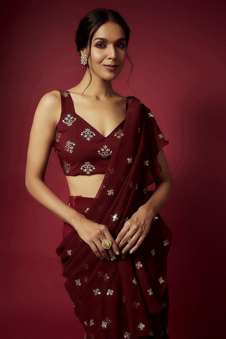 Maroon Recycled Polyester Pre-Draped Sequins Party Wear Saree Set by Phatakaa at Pernia's Pop Up Shop