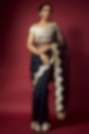 Navy Blue Organza Scalloped Party Wear Saree Set by Phatakaa at Pernia's Pop Up Shop