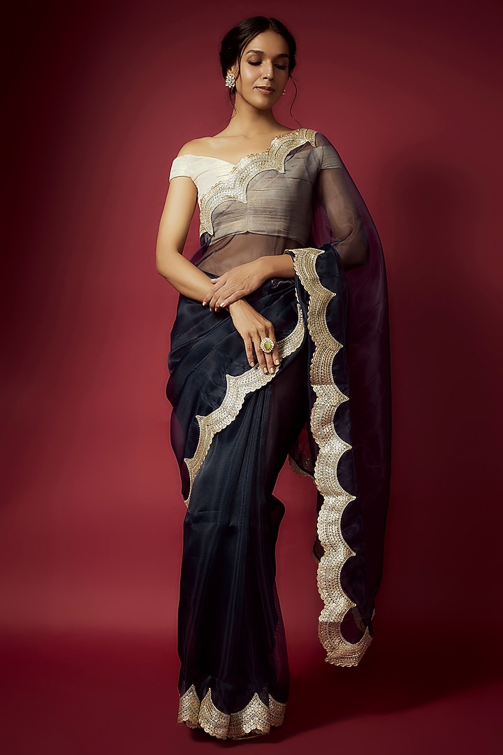 Navy Blue Organza Scalloped Party Wear Saree Set by Phatakaa at Pernia's Pop Up Shop