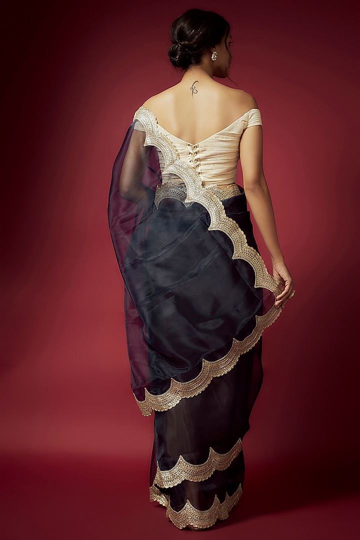 Navy Blue Organza Scalloped Party Wear Saree Set by Phatakaa at Pernia's Pop Up Shop