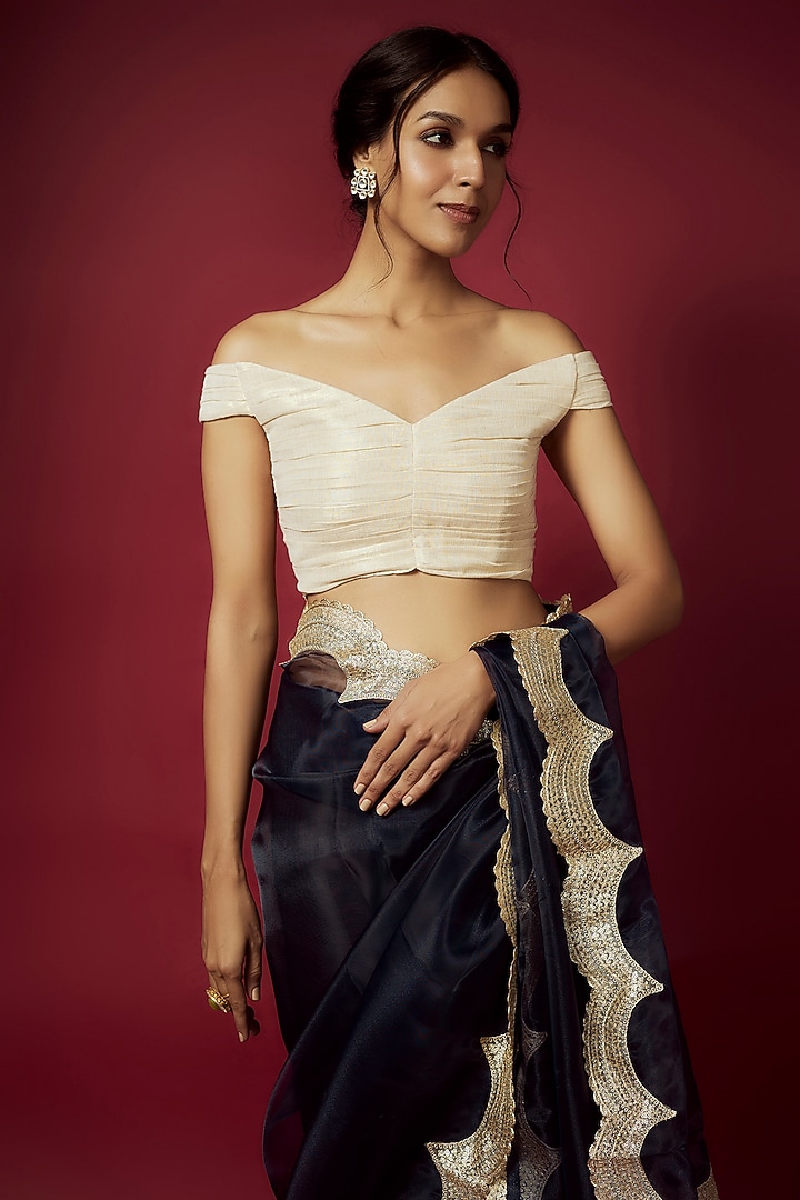 Navy Blue Organza Scalloped Party Wear Saree Set by Phatakaa at Pernia's Pop Up Shop