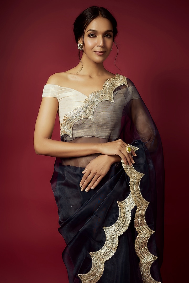 Navy Blue Organza Scalloped Party Wear Saree Set by Phatakaa at Pernia's Pop Up Shop