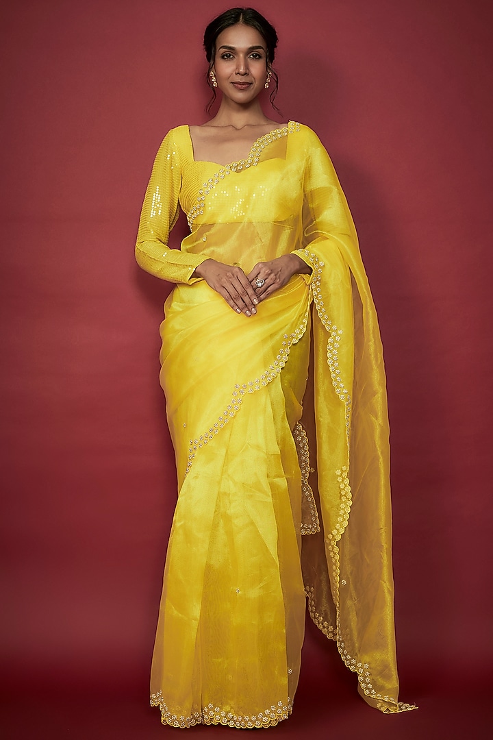 Lemon Yellow Recycled Satin Zardosi Embroidered Wedding Saree Set by Phatakaa at Pernia's Pop Up Shop